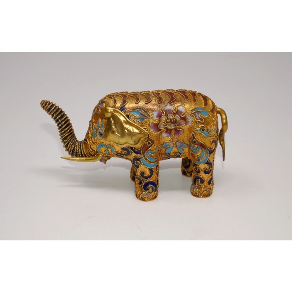 Cloisonné Lucky Asian Elephant Figurine Vibrant Floral Design Brass Enamel - Picture 2 of 7
